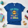 100 Days Of School t-shirt with a smiling sun wearing heart sunglasses and cartoon kids celebrating, in bright colors