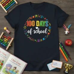 100 Days of School t-shirt with colorful circular design featuring school supplies like pencils, books, and globes