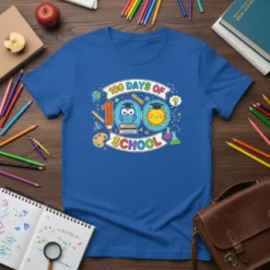 100 Days of School T-Shirt with cartoon owl, sun, books, and school supplies graphics