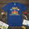 100 Days of School t-shirt design with a colorful schoolhouse, sun, and hearts. Features text "100 DAYS OF SCHOOL"