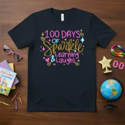 Teacher's 100 Days of Sparkle Learning & Laughs t-shirt design with colorful glitter text and diamond graphics