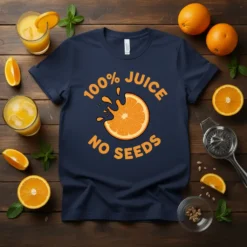 100% Juice No Seeds text design with a splashing orange slice graphic on a navy t-shirt