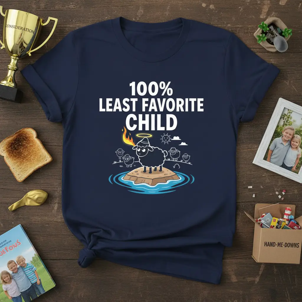 100% Least Favorite Child quote on a navy tee with a humorous black sheep graphic and smaller sheep