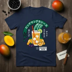 100% Mango Juice t-shirt with Japanese text and a vibrant illustration of a mango drink with fruit