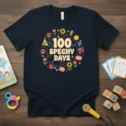 100 Spechy Days text with playful graphics including lips, flowers, and a brain, on a navy t-shirt