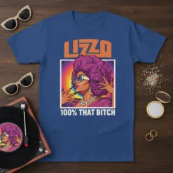 T-shirt featuring the text "LIZO 100% THAT BITCH" with a graphic of a woman in sunglasses and a purple afro