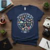 T-shirt design with the text "100 Things to be happy about" and a circle filled with small icons, plus "100"
