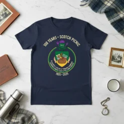 100 Years Scotch Picnic T-Shirt with family names Elisabeth Linton, Thomas Cumming, Mary Jack, William Durkan, and dates 1925-2025. Features