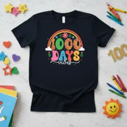 Black t-shirt with colorful "1000 DAYS vibes" text and rainbow graphic, celebrating 1000 days of school