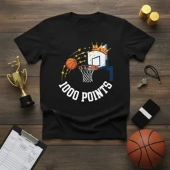 Black t-shirt featuring white text "1000 POINTS" with a basketball hoop, basketball, and stars graphic, celebrating a sports milestone