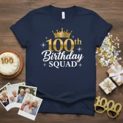 Navy blue t-shirt with gold and white text reading "100th Birthday SQUAD" and a crown graphic, perfect for a milestone