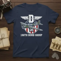 100th Bomb Group t-shirt design with a vintage bomber plane, wings, and American flag circle