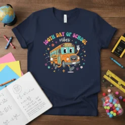 100th Day Of School Vibes t-shirt with a smiling cartoon school bus and colorful text