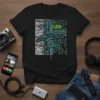Black t-shirt with a neon blue 1080p resolution camera design featuring a lens aperture and abstract circuit board elements