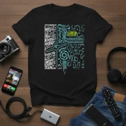 Black t-shirt with a neon blue 1080p resolution camera design featuring a lens aperture and abstract circuit board elements