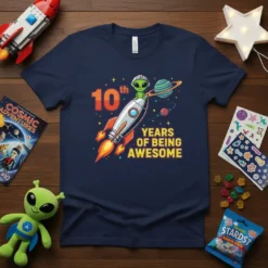 10th Years Of Being Awesome t-shirt design with an alien riding a rocket, planets, and stars