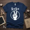 Navy t-shirt with "1+1=✌️" math graphic and a hand making a peace sign