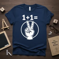 Navy t-shirt with "1+1=✌️" math graphic and a hand making a peace sign