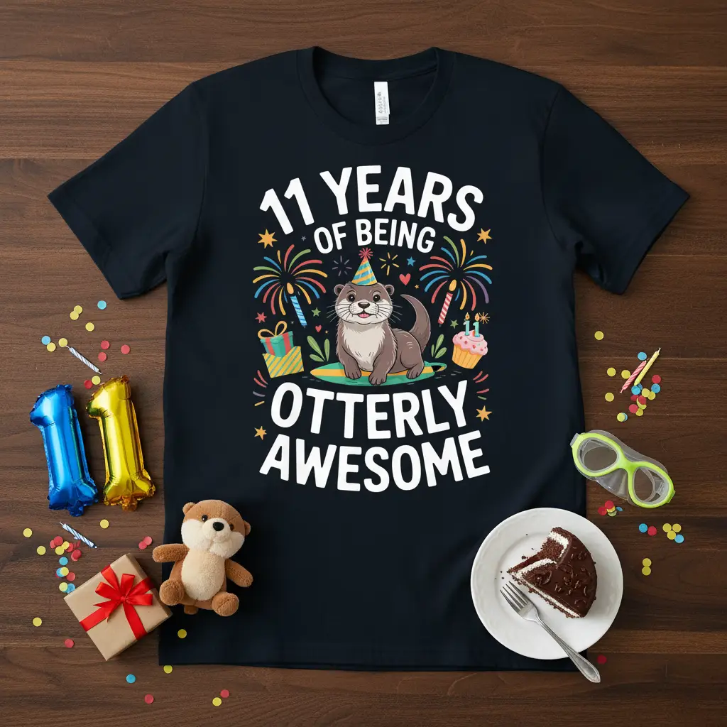 11 Years of Being Otterly Awesome text design with a cute otter, party hat, fireworks, and gifts for an 11th birthday celebration
