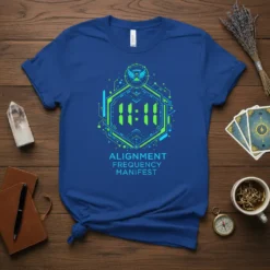 Blue t-shirt with "11:11 Alignment Frequency Manifest" text and geometric graphic, featuring neon green and blue digital clock design