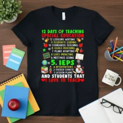 Special education teacher t-shirt with "12 Days of Teaching Special Education" text and festive holiday graphics. Includes a list of