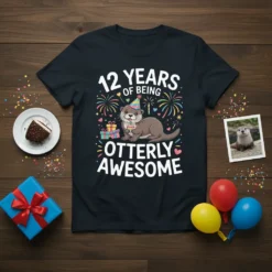 12 Years Of Being Otterly Awesome birthday t-shirt design featuring a cute otter wearing a party hat and holding a
