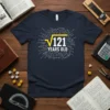 √121 YEARS OLD math birthday t-shirt with equations and formulas surrounding the central text