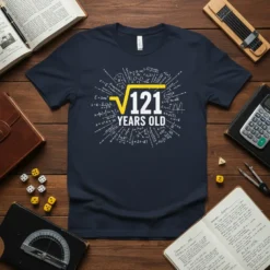 √121 YEARS OLD math birthday t-shirt with equations and formulas surrounding the central text