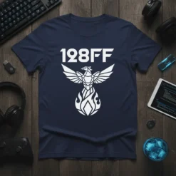 128FF Phoenix Fire Bird T-Shirt featuring a white geometric phoenix graphic with flames below and text above
