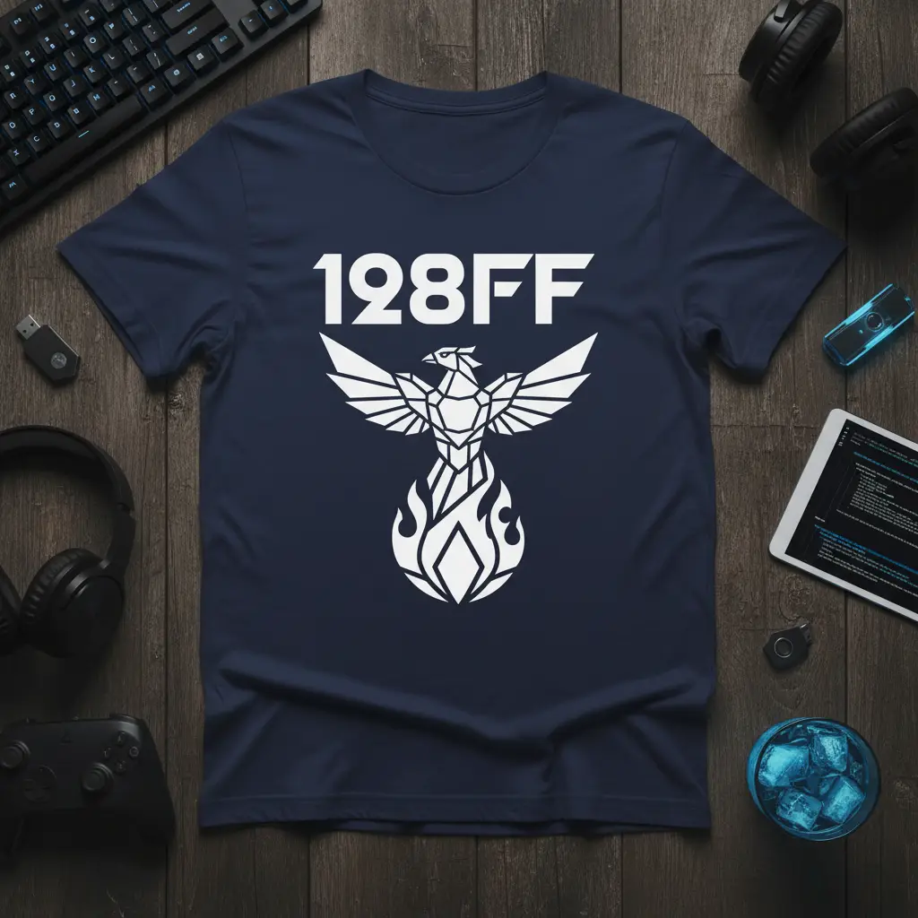 128FF phoenix logo graphic with geometric fire bird and text on a navy blue t-shirt