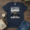 Navy blue t-shirt featuring the text "13 Is My Lucky Number And I Like Black Cats" with graphics of black