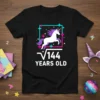 Black t-shirt with "√144 YEARS OLD" text and a unicorn graphic for a 12th birthday celebration