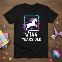 Black t-shirt with "√144 YEARS OLD" text and a unicorn graphic for a 12th birthday celebration