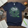 Navy blue t-shirt with green math equations and "√144 YEARS OLD" text for a 12th birthday celebration
