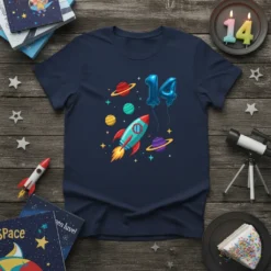 14th Birthday Rocket Space eye-catching graphic design printed on comfortable cotton t-shirt