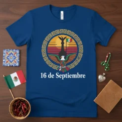 16 de Septiembre t-shirt design featuring the Mexican coat of arms with an eagle and snake, set within a circular