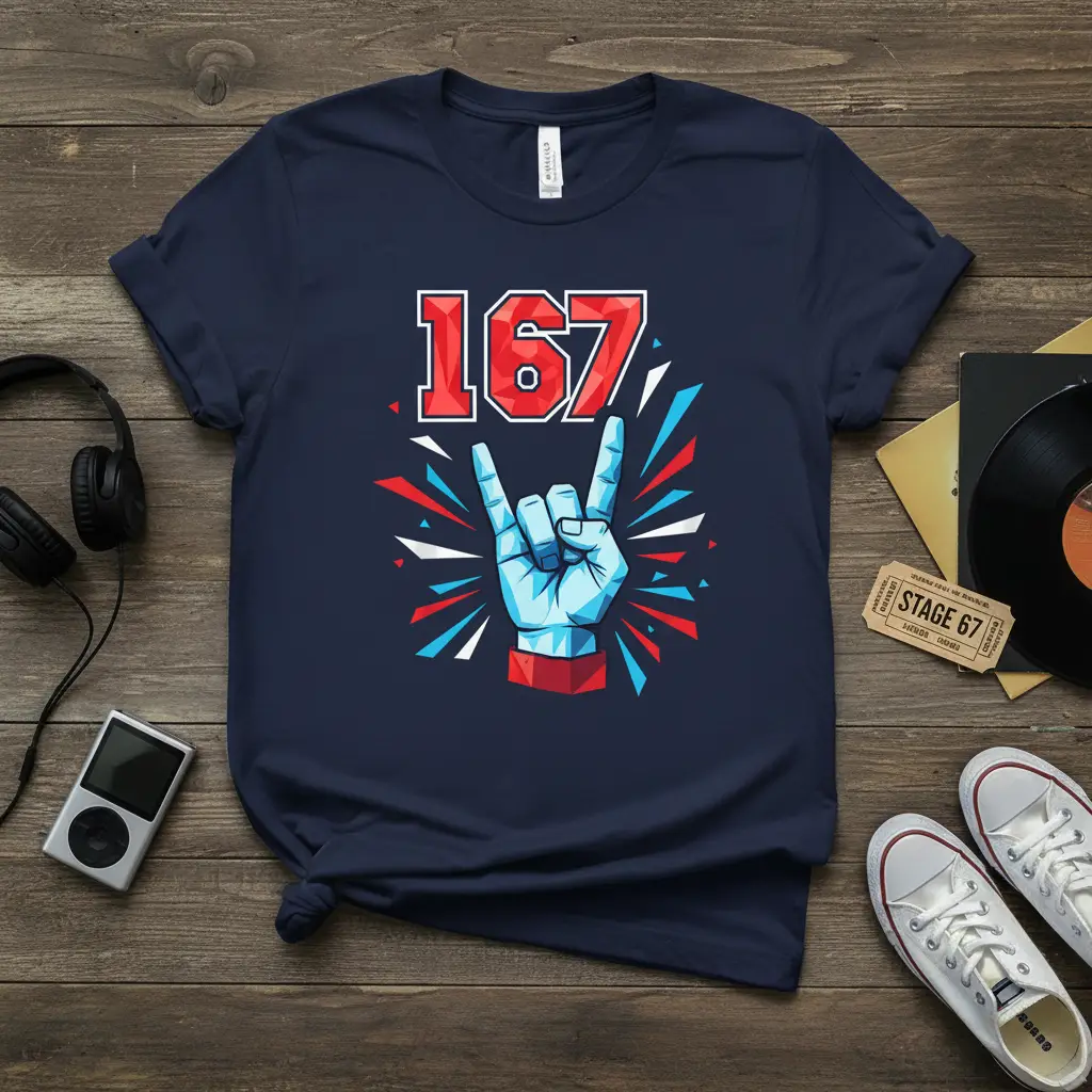 167 Stage 67 concert graphic on a navy blue t-shirt with rock hand gesture and abstract bursts