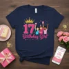 Navy t-shirt with "17 Birthday Girl" text, a golden crown, and cartoon girls celebrating a birthday