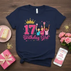 Navy t-shirt with "17 Birthday Girl" text, a golden crown, and cartoon girls celebrating a birthday