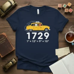 Navy t-shirt featuring the 1729 Ramanujan taxi number equation 1³ + 12³ = 9³ + 10³ with cats in a