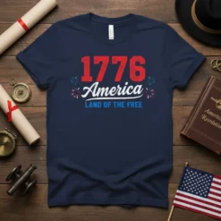 1776 America LAND OF THE FREE unique graphic design printed on comfortable cotton t-shirt
