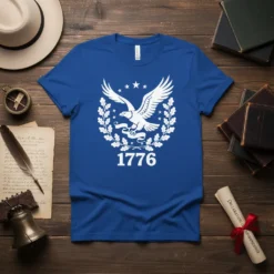 Blue t-shirt featuring a white eagle with banner, wreath, and the year 1776