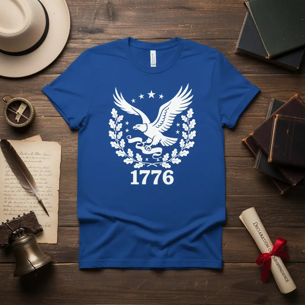 American eagle with banner and oak wreath graphic, featuring the year 1776 on a blue t-shirt