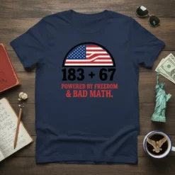 T-shirt with "183 + 67 POWERED BY FREEDOM & BAD MATH." text and American flag graphic, navy blue