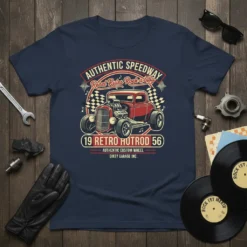 Navy t-shirt with "19 Retro Hotrod 56 Authentic Custom Wheel Dirty Garage Inc." text and vintage hot rod graphic