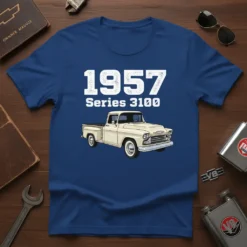 1957 Series 3100 Truck T-Shirt featuring a cream-colored vintage pickup illustration and bold white text