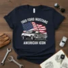 1969 Ford Mustang American Icon t-shirt design featuring a classic car with an American flag graphic
