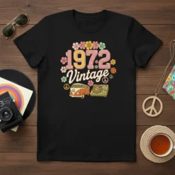 1972 Vintage t-shirt design with retro van, turntable, and floral accents
