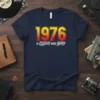 1976 a LEGEND was BORN text design on a navy blue t-shirt, retro gradient font