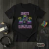 1980's Survivor t-shirt design with retro arcade game, palm trees, and neon sunset